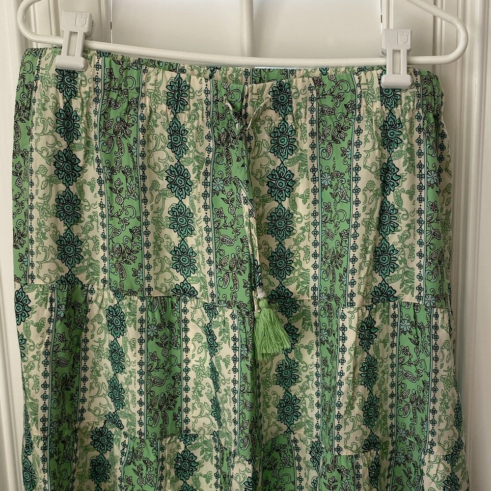 J.Jill skirt, Large. Green/blue print,  3 sections. green tassle tie in front